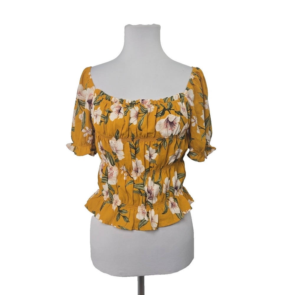 E&M Junior's Large Short Sleeve Elastic Neckline Crop Top Mustard Yellow Floral
